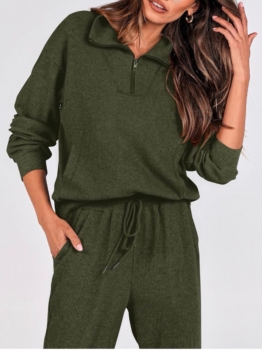 Olive Ribbed Zip-Neck Jumpsuit